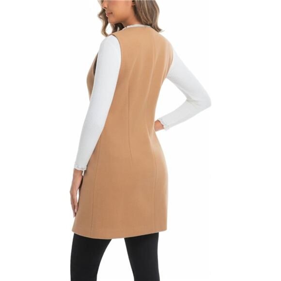 Women's Long Plaid Vest Fall Winter Trench Coat Sleeveless Blazer Jacket - Picture 4 of 5